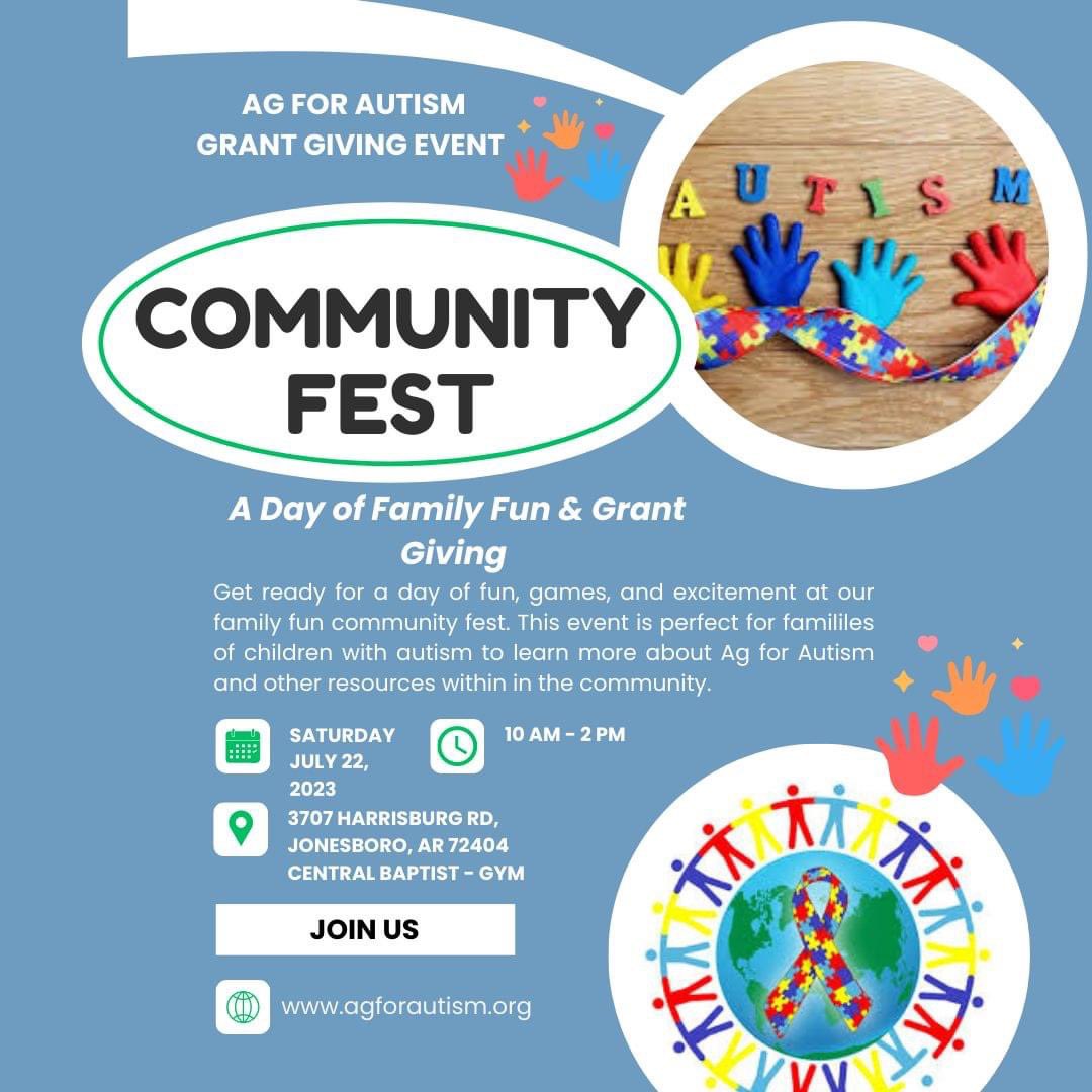 AgForAutism's tweet image. A4A 1st Annual Grant Giving Event/Community Fest. July 22, 2023, from 10 AM - 2 PM. Join us for a family fun day at Central Baptist Jonesboro Location! NO admission fee. There will be food trucks, bounce houses, and sensory-friendly games! Come and learn more about Ag for Autism!