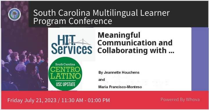 SCCentroLatino's tweet image. Are you attending the @EducationSC 2023 SC Multilingual Learner Program Conference? Check out 2 presentations by #SCCentroLatino asst. Dir @MontesoFM &amp;amp; J. Houchens #SCarolinaMLs #SCMLProgram  #traducciónupstate #uscupstate