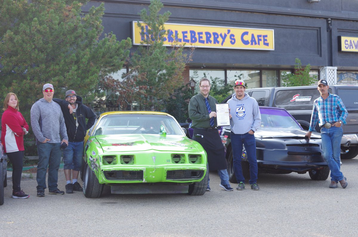 EIRNASCAR's tweet photo. Another great day of NASCAR Week in Wetaskiwin. Thank you to the EIR's Drivers that came out to Huckleberry's Cafe and Sawyer's Smokehouse.  The Redline Street Society also came out with their show cars.    Huckleberry's created a feature menu for NASCAR Week. https://t.co/eJR3r8phuX