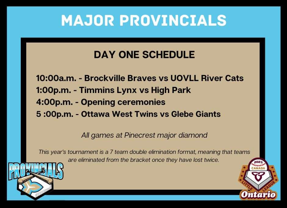 OWLLD2's tweet photo. Major provincials start Thursday! #OWLL is excited to host this fantastic week of baseball. We welcome @HighParkBasebal, @TimminsLL, Windsor South Canadian, Glebe LL, Brockville LL, & Upper Ottawa Valley LL as they take on #OWLLTwins to see who will be named Team Ontario! ..2 https://t.co/STwyhLjA6a