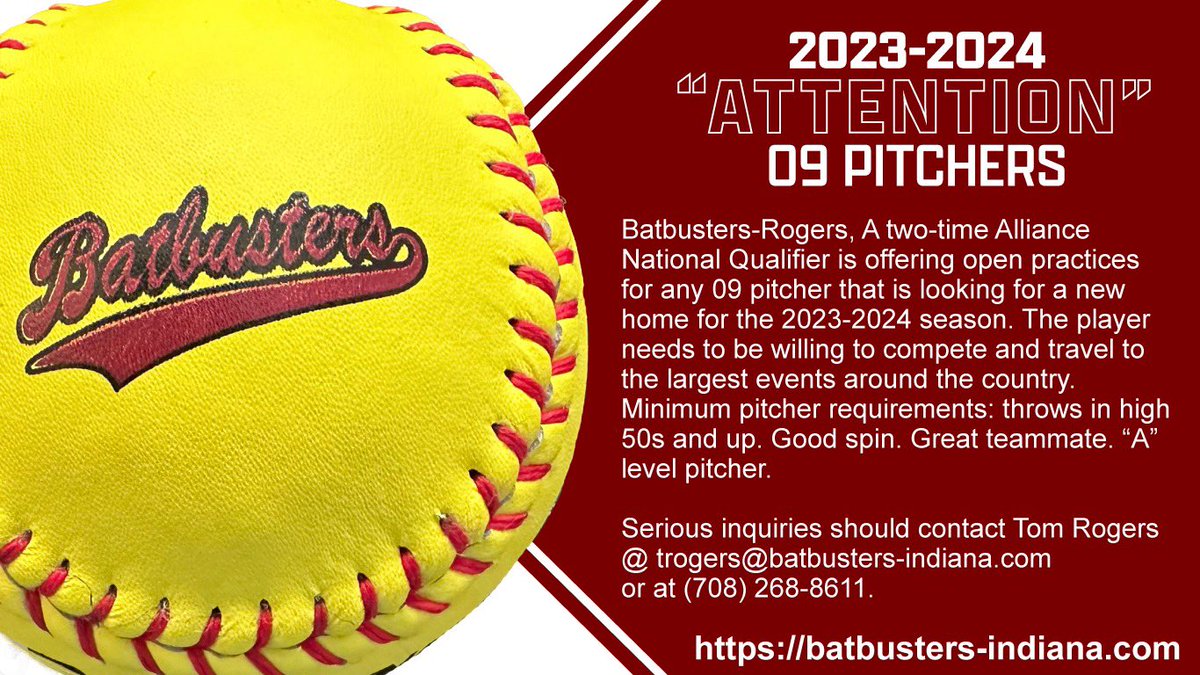 This Thursday, one day only. Batbusters-Rogers 09 will have an open practice and will also look at any potential 2010 pitchers that throw in the upper 50s. All positions open!