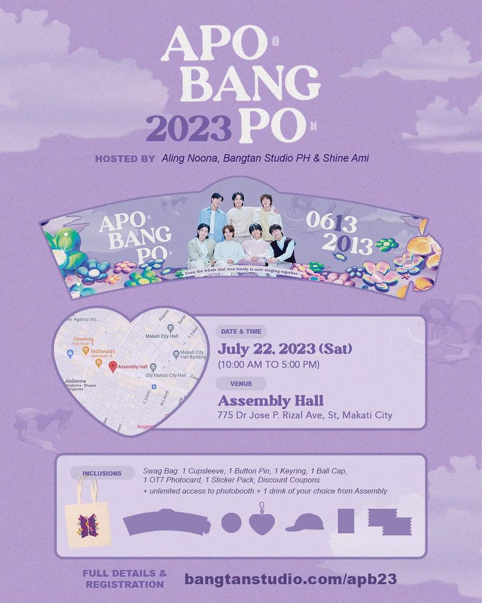 AlingNoona's tweet photo. Celebrate BTS' 10th Year Anniversary &amp; ARMY Day w/ us in a special, activity-filled cupsleeve event, happening on JULY 22 | SAT 

Full details &amp; registration:
https://t.co/WfPDYxtSdM

SLOTS:
AM | 10AM - 2PM (50 SLOTS ONLY)
PM | 2PM - 6PM (50 SLOTS ONLY)
✨️💜 ApoBangpo, AMI! https://t.co/q0RMxhGcGv