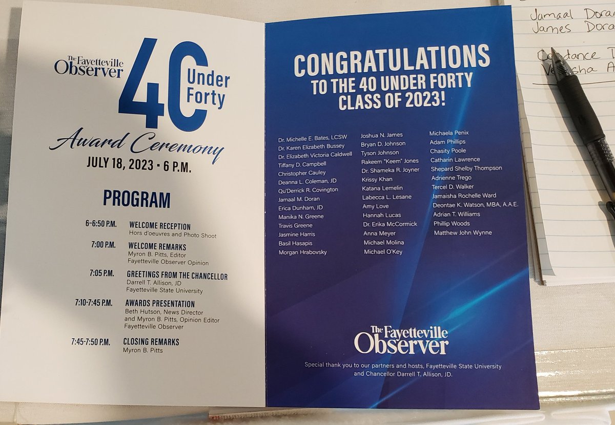 FOmyronpitts's tweet photo. We celebrated the @fayobserver 40 Under 40, class of 23, tonight. Always a fun time, and we had a great partner in @uncfsu, which hosted the event. https://t.co/RSUwQoOWwi https://t.co/IkT4ycTuLn