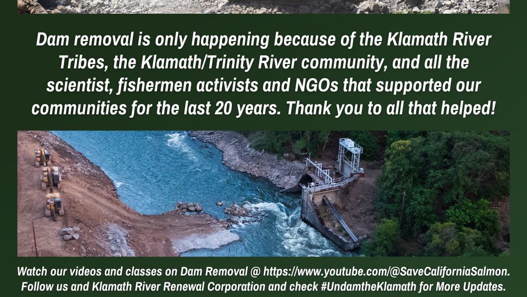 The 1st Klamath dam is down! 3 more will come down in 2024 after drawdown. Thank you KRRC &amp; everyone who fought for this for the last 20 years.  <a href="/TheKarukTribe/">The Karuk Tribe</a> <a href="/TheYurokTribe/">Yurok Tribe</a>  <a href="/KlamathJustice/">Klamath Justice</a> <a href="/RepHuffman/">Rep. Jared Huffman</a>  <a href="/TheYurokTribe/">Yurok Tribe</a> <a href="/RepHuffman/">Rep. Jared Huffman</a> <a href="/TroutUnlimited/">Trout Unlimited</a> #UndamtheKlamath #NativeTwitter
