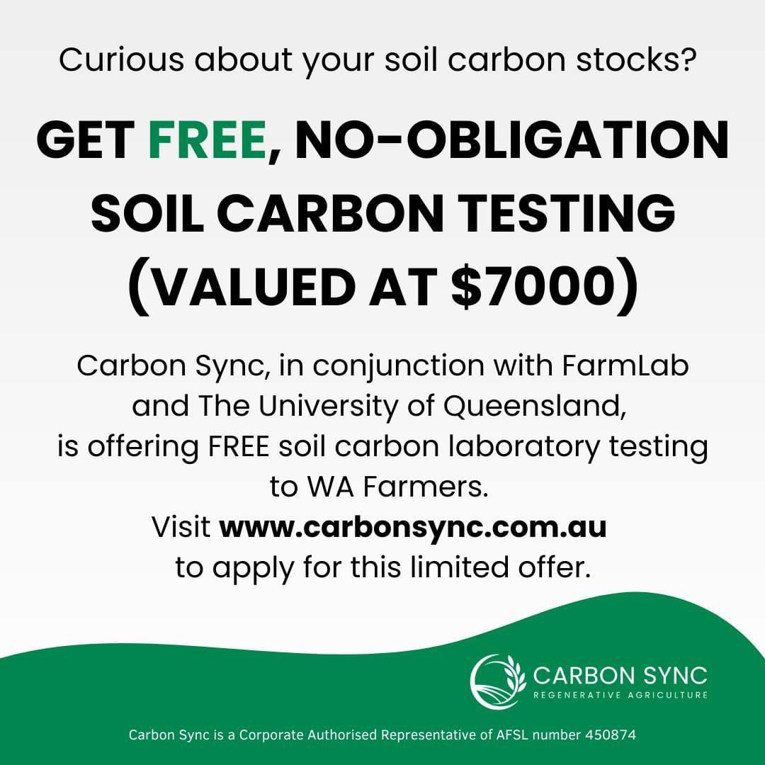 CarbonSyncAU's tweet photo. Curious about your baseline soil carbon stocks? Carbon Sync, in conjunction with @getFarmLab &amp; @UQ_News is offering free soil carbon laboratory testing (valued at up to $7000) to WA farmers. 

Application link in comments. 

#soilcarbon #soilscience #soiltesting #SoilTestingLab https://t.co/nuw2yyJOVv