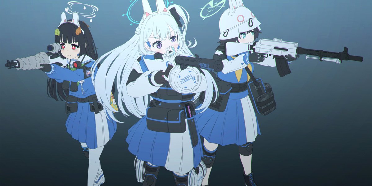 miyu (blue archive) multiple girls weapon gun knee pads 3girls halo binoculars  illustration images