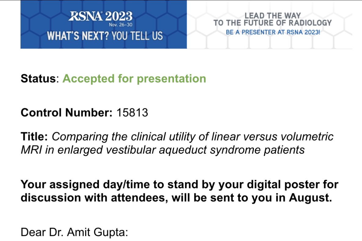 Delighted to announce that our abstract has been accepted for #RSNA2023! A tribute to my cherished journey in Neuroradiology. @UHRadiology