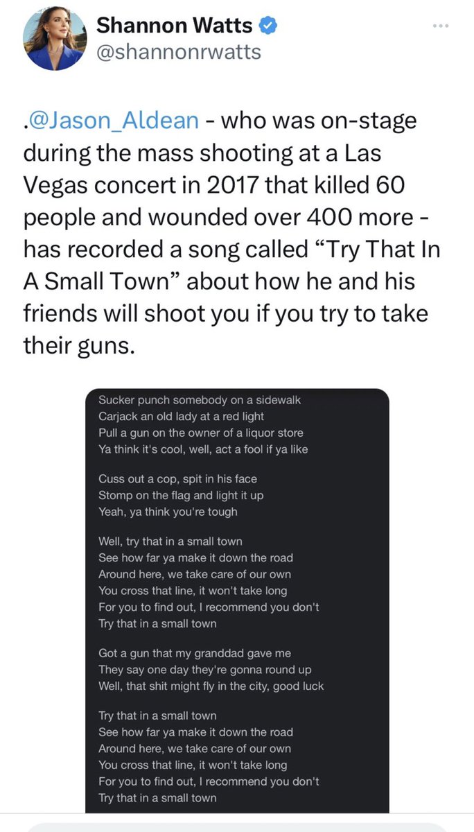 jimstewartson's tweet photo. Give me a break.

Your video is chock full of white supremacist dogwhistles, imagery of Black people and caricatures of “woke leftists” causing violence while you prance around with angry white men in front a building infamous for a lynching.

Your entire video promotes the Jim Crow “sundown towns” where good ole boys made sure no Black people came in and murdered them if they tried it.
https://t.co/sqSlhqLuSe

“Small town” is just a euphemism for inadequate white men willing to cuck themselves for an orange Kremlin asset and to indoctrinate their kids into bigotry.

Where was the tough guy you portray when people were being murdered in Las Vegas and you ran offstage like a child?

Spare us your righteous indignation and take your KKK anthem down.