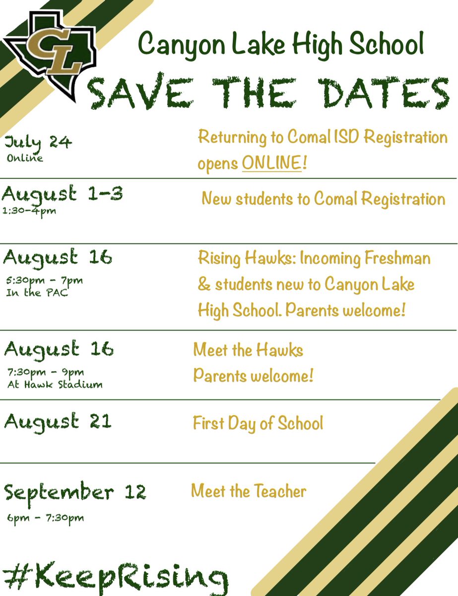 Exciting events are coming up for our CLHS Hawks! Mark your calendars now!!  #lifeisbetteratthelake #keeprising #comalisd  <a href="/CLHSPrincipal/">Mark Oberholtzer</a> @AlexHigbyCLHS <a href="/Ms_Raabe/">Liesel Raabe</a>