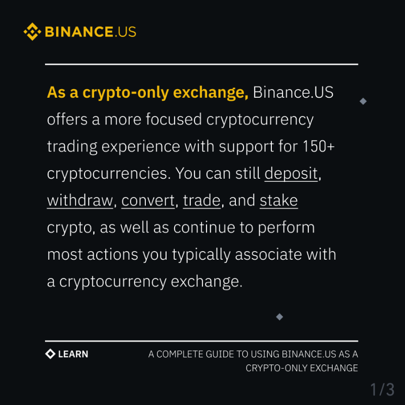 BinanceUS's tweet photo. As #BinanceUS transitions to a crypto-only exchange for now, you’ll still have access to 150+ #cryptocurrencies.

Deposit, withdraw, convert, trade, stake &amp; more, on the best crypto exchange for low fees.

Learn how to have the best possible #crypto experience on our platform. 👇