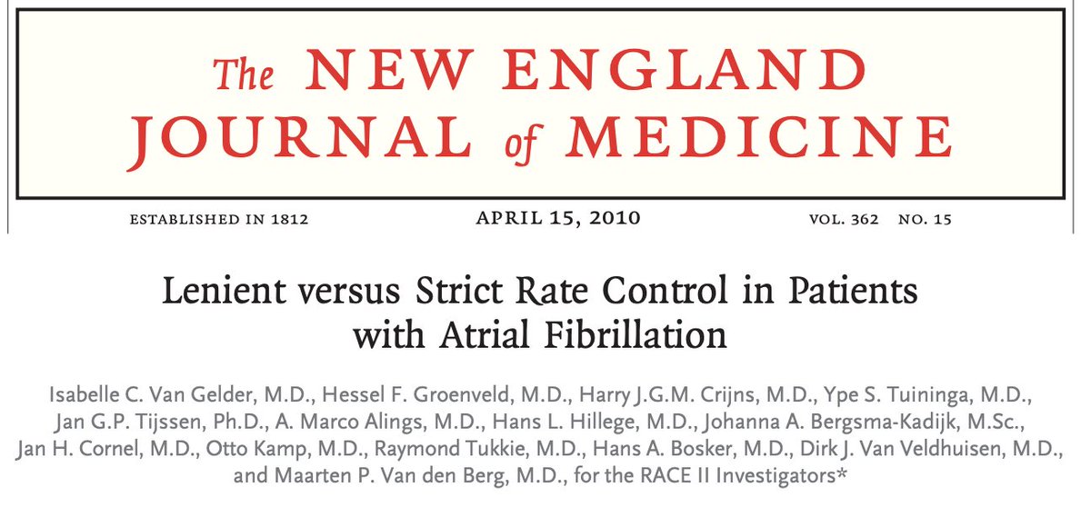 📄 20 studies that Internal Medicine Residents should read in the first year 👇 1/ 🏃‍♀️ RACE II trial: Lenient resting HR < 110 was non-inferior to a strict HR < 80 in patients with atrial fibrillation. 🧵