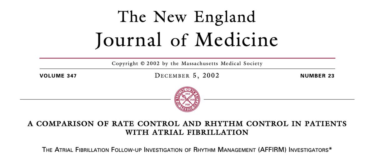 12/ ❤️‍🔥AFFIRM trial 

⚠️ In patients with nonvalvular AF, there is no survival benefit between rate and rhythm control, but rhythm trends toward increased mortality.

‼️EAST-AFNET 4 trial is a newer trial: early rhythm-control strategy was associated with a favorable outcomes