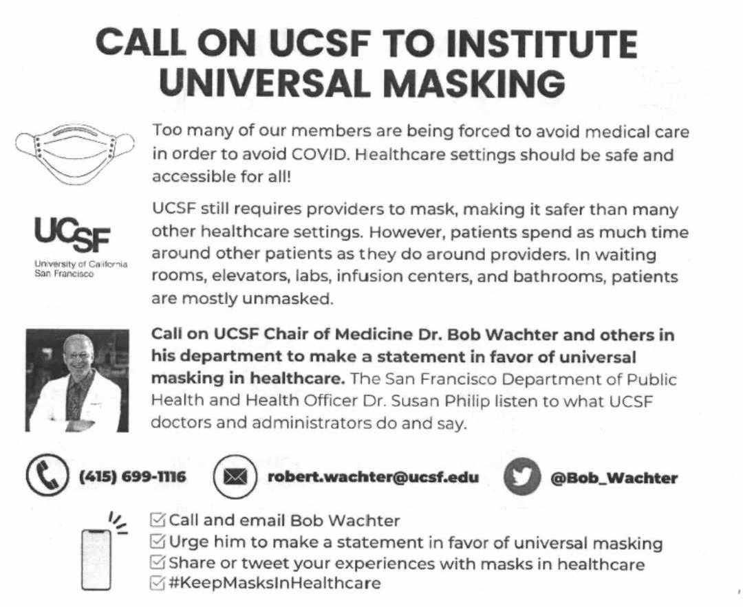 MaskBlocSunset's tweet photo. Today we showed up to support @sdaction1 with their rally @UCSFHospitals to demand masks be mandated in healthcare settings. You can help by calling, tweeting, or emailing @Bob_Wachter &amp; others and demanding the same. https://t.co/147Kg70vrl