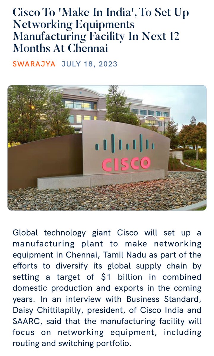 Smriti Z Irani on Twitter "Cisco To 'Make In India', To Set Up