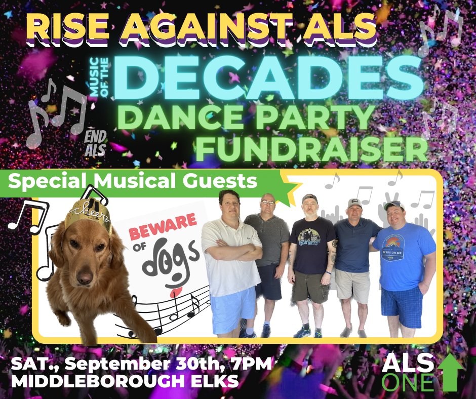 BostonALSQueen's tweet photo. Our Rise Against ALS Through the Decades Dance Party for ALS One is Sat., Sept. 30 at 7 PM at Middleboro Elks! Lots of amazing raffles &amp; silent auction items. And this year, we have some special musical guests who will be playing the last hour of the event! Tickets on sale soon! https://t.co/sLUSO9IfBw