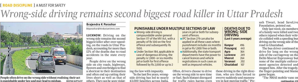 Wrong side driving is the second biggest killer in #UttarPradesh . Transport dept report  shows that 4,800 of the total 37,729 road accidents happened due to wrong-side driving in U.P. in 2021. These accidents killed 2,560 people...<a href="/htTweets/">Hindustan Times</a>
<a href="/BrajendraKPara1/">Brajendra K Parashar</a>