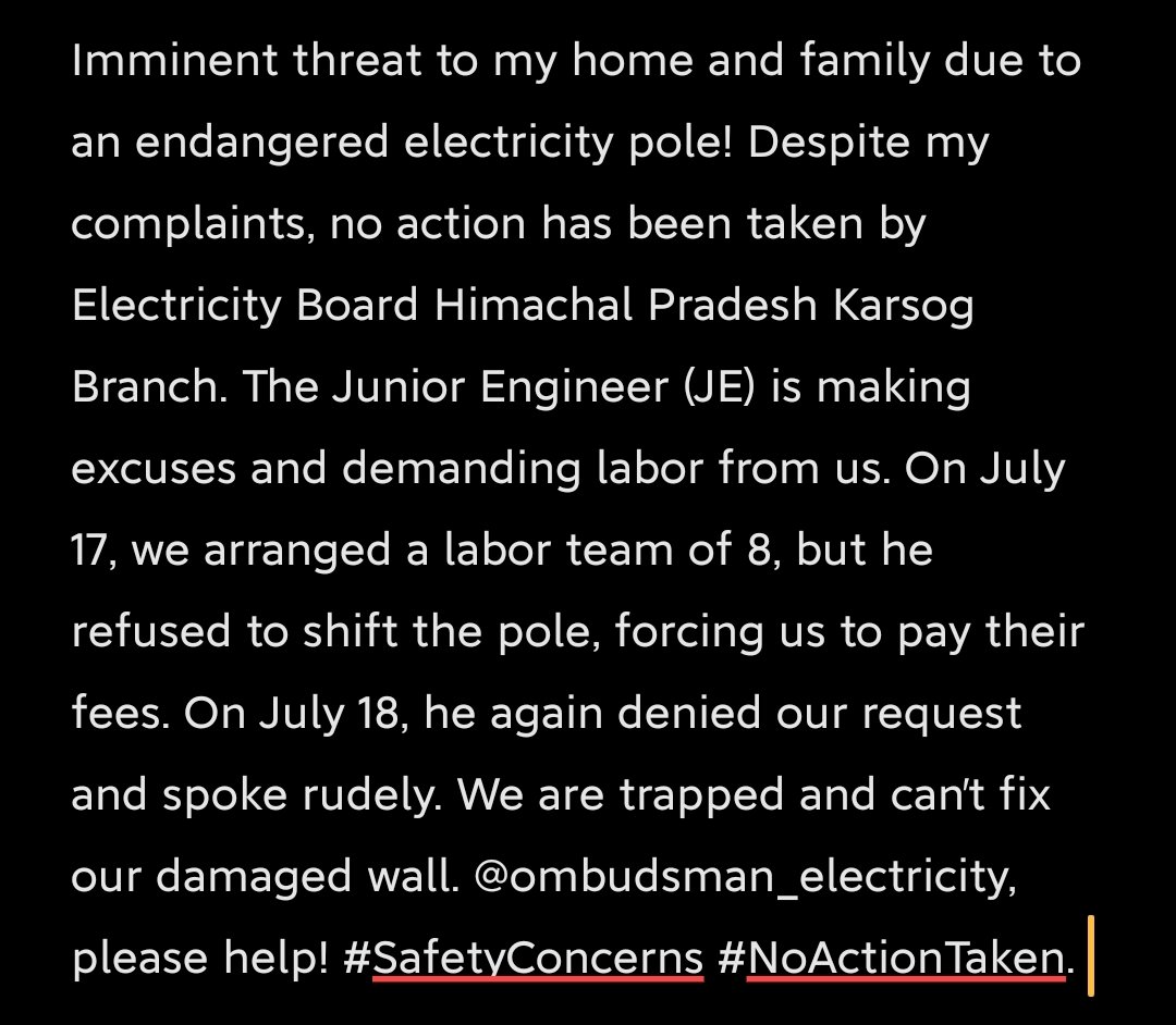 PKKaushal9's tweet photo. Imminent threat to my home and family due to an endangered electricity pole! Despite my complaints, no action has been taken by Electricity Board Himachal Pradesh Karsog Branch. @officialHPSEBL @SukhuSukhvinder @jagograhakjago #NoActionTaken #SaftyConcern https://t.co/8dRQV9WG1S