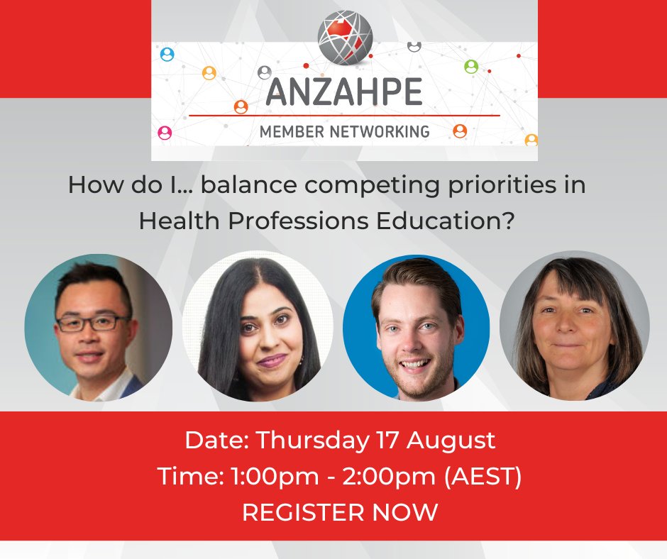 📢 HAVE YOU REGISTERED?
How do I... balance competing priorities in Health Professions Education?
In this month's Member Networking session, our presenters will talk all things balance!
When: Thursday 17 August 2023 at 1.00pm (AEST)
Register here: anzahpe.org/event-5152306