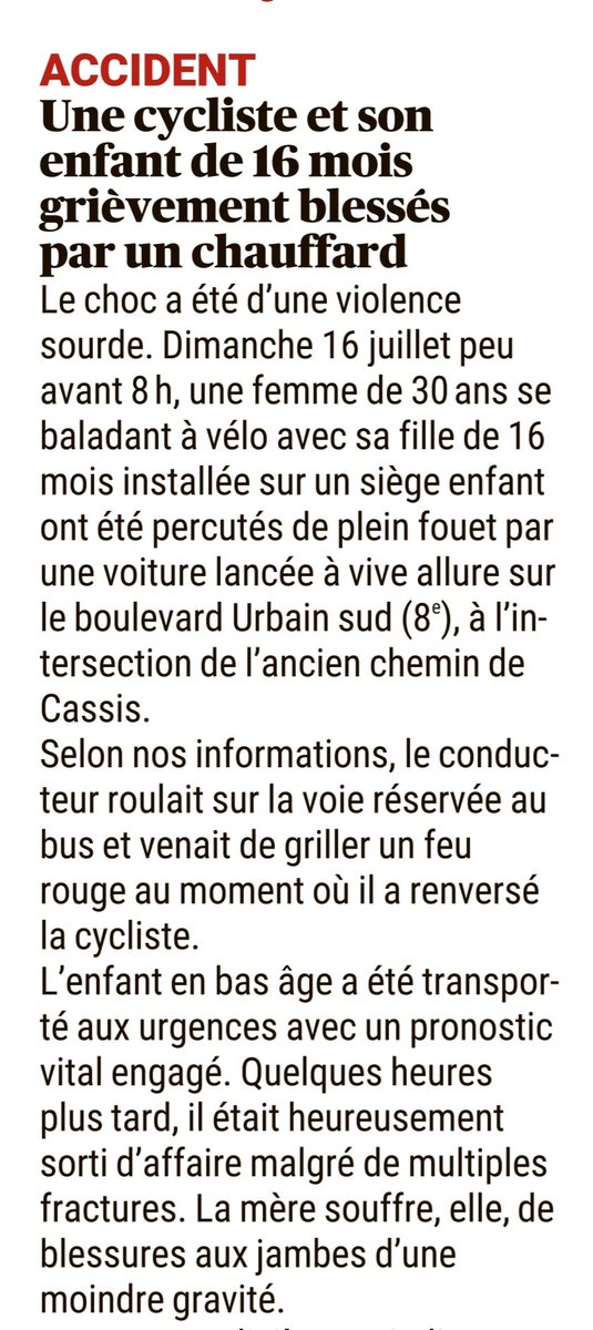 #Délinquanceroutière sur le Boulevard urbain sud, nous souhaitons à la maman et à son enfant un prompt rétablissement et  la 'damnatio memoriae' à l'encontre du chauffard criminel #velo #Marseille Groupe @UVPLMetropole in @laprovence