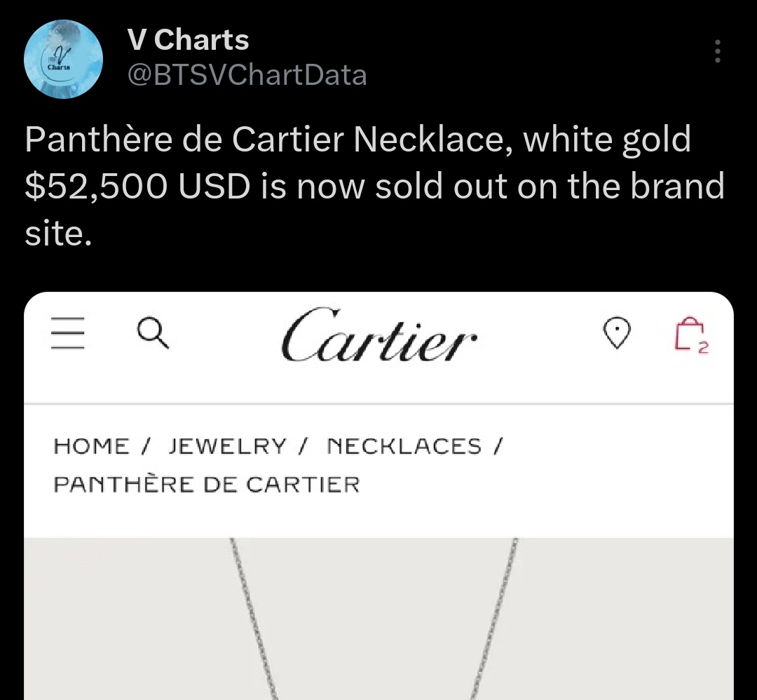 koovarbie's tweet photo. A 26K$ and 52K$ necklace with 78K$ ring all sold out following the announcement of Taehyung being Cartier new BA. 

I don't think yall realise his impact over the world. https://t.co/faYfqlU0dA