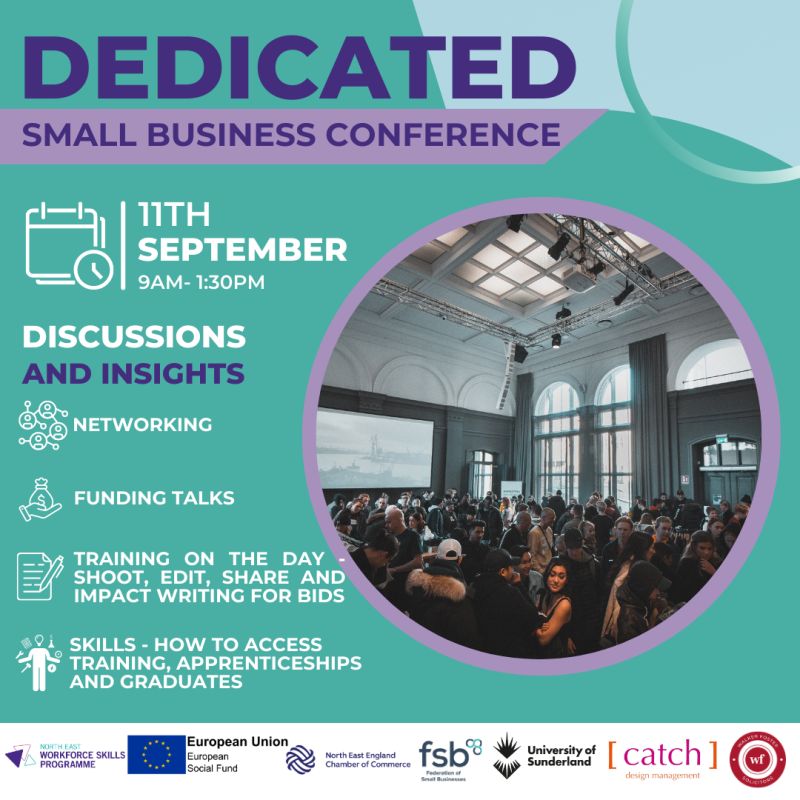 Calling all North East and North Yorkshire SMEs! 
Join us on the 11th of September between 9-1:30 at the University of Sunderland's Prospect Building for a free event! Check out the aims of the conference below and RT to your networks!
Book here: tinyurl.com/5n8z9f7k