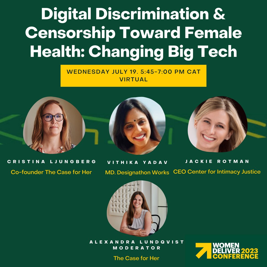 Want to learn how Big Tech systematically discriminates against women's health through social media censorship? Then join this virtual panel today at 5:45-7:00 pm CAT hosted by <a href="/IntimacyJustice/">Center for Intimacy Justice</a>🌟

You do not want to miss this!😍

wd2023virtual.org/179/agenda

  #WD23 #Censorship