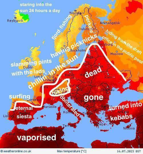 Sargon_of_Akkad's tweet photo. Could we please have a moment's silence of everyone south of Belgium who has been scorched out of existence by the BBC's weather map? https://t.co/9r4yVbZ1Tm