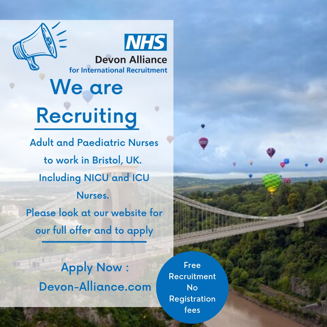 We are recruiting experienced Registered Adult and Paediatric Nurses to join our team in Bristol, UK. Including NICU and ICU Nurses.  

Visit Devon-Alliance.com for more information and to apply. 

 #DevonAlliance #NHSJobs