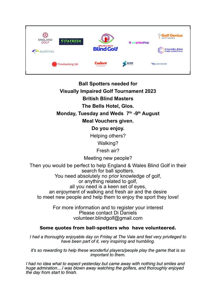 Would you consider joining our band of willing volunteers and helping at the British Blind Master? Ball spotters urgently needed each day. A Lunch Voucher is provided and we can guarantee friendships will be made.
#volunteering #golf #disabledgolf