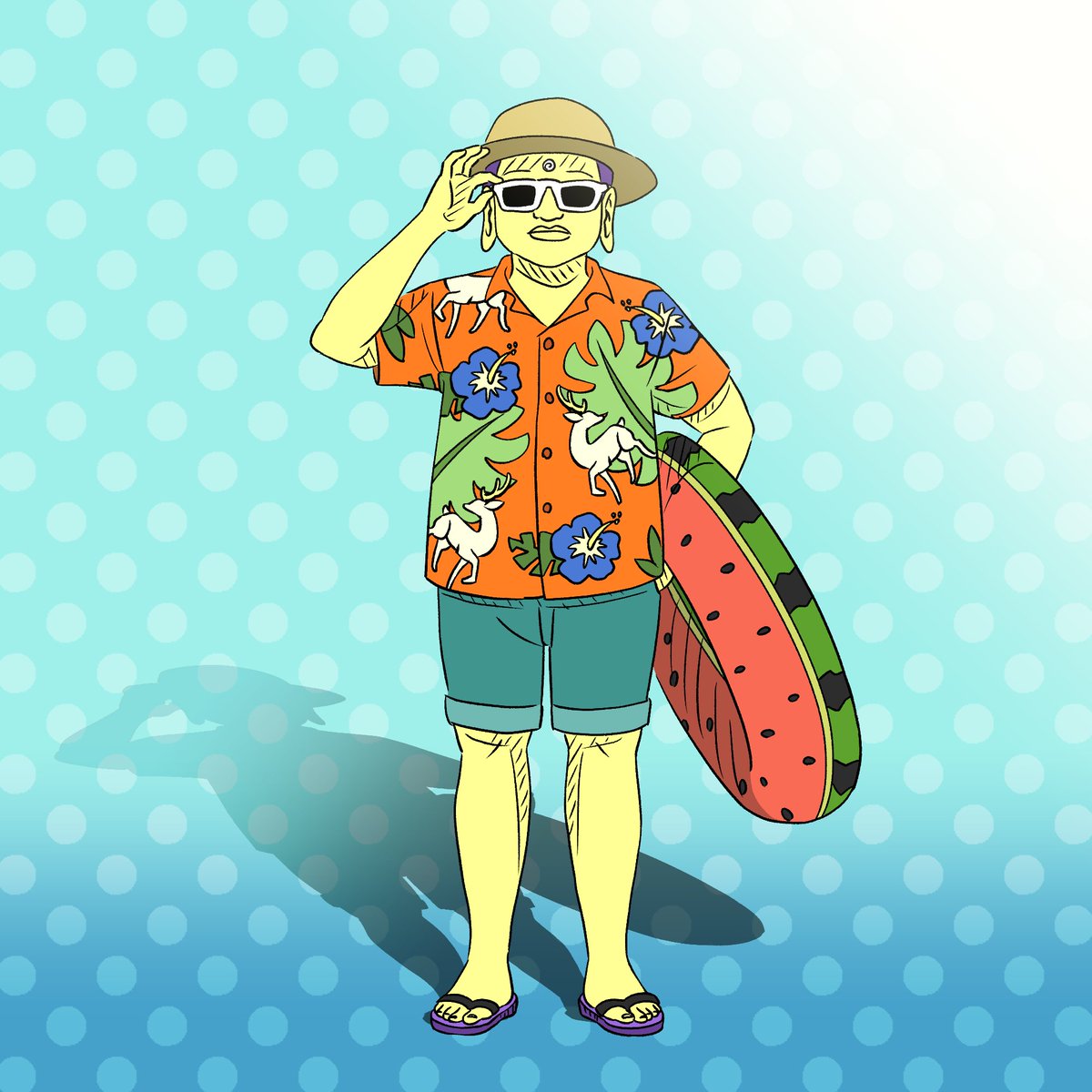 1boy male focus sandals solo hawaiian shirt sunglasses hat  illustration images