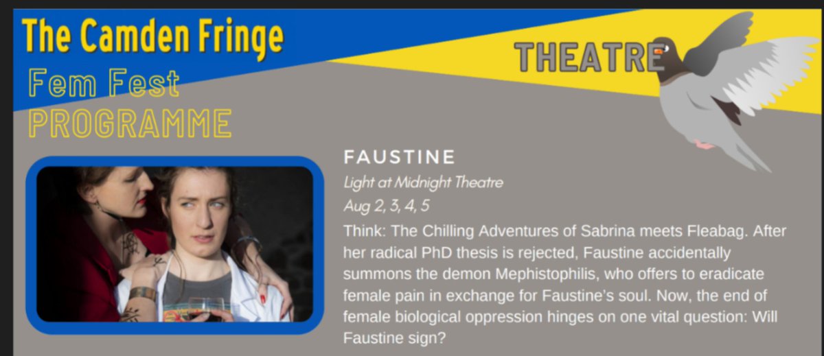 Thanks @evulveltd for including us in the @CamdenFringe #FemFest Programme! 
Come see #FAUSTINE for some female-fuelled fun and an exploration of #GenderBiasInMedicalResearch and #Endometriosis. It's one HELL of a show! 😈
Tickets: thecockpit.org.uk/show/faustine