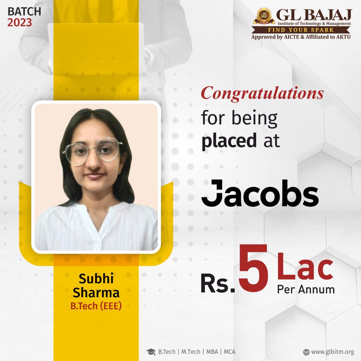 #GLBajaj(GLBITM) is proud to announce the placement of its bright student Subhi Sharma, B.Tech EEE Batch 2023 in one of the leading technology firms Jacobs.
#collegeplacement #campusplacement #bestcollege #bestplacement #job #recruitment #placements2023