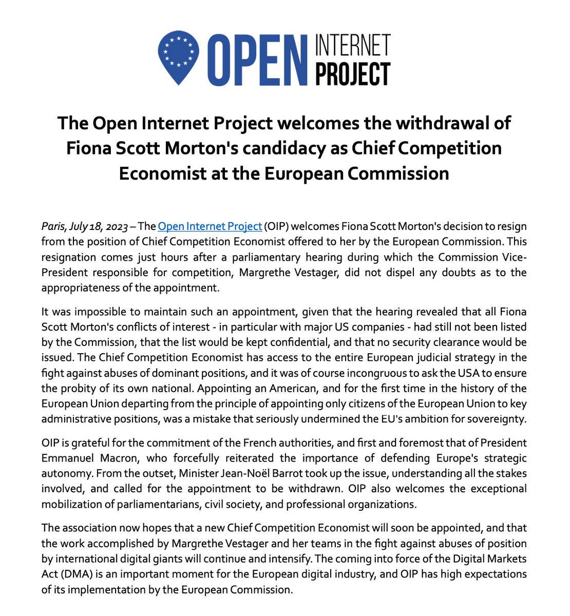 OpenInternetProject (@openinternetpro) on Twitter photo We welcome the withdrawal of <a href="/ProfFionasm/">Fiona Scott Morton</a> candidacy from top economist job. The <a href="/OpenInternetPro/">OpenInternetProject</a> reiterates the importance of defending Europe's strategic autonomy, especially when it comes to fighting US tech giant's abuse of dominance. We welcome the withdrawal of <a href="/ProfFionasm/">Fiona Scott Morton</a> candidacy from top economist job. The <a href="/OpenInternetPro/">OpenInternetProject</a> reiterates the importance of defending Europe's strategic autonomy, especially when it comes to fighting US tech giant's abuse of dominance.
