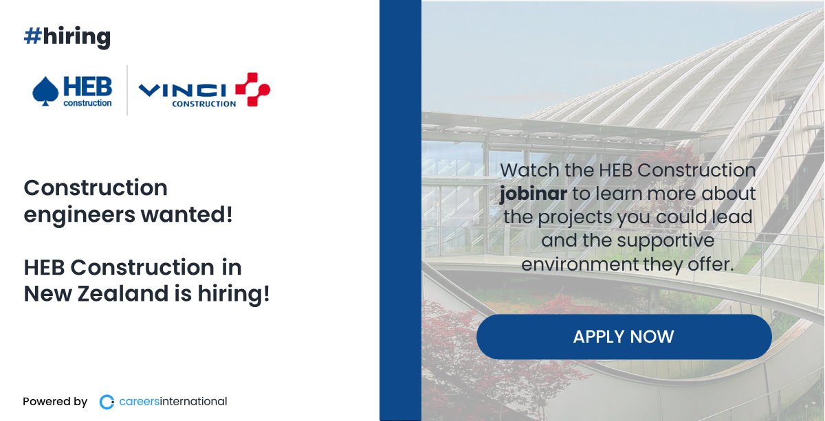 Calling all construction engineers! HEB Construction, a VINCI Construction subsidiary, is seeking talented professionals to join its team in New Zealand. Watch our #jobinar and apply > https://t.co/tW4oPmwH0F! https://t.co/gRNRFkafev