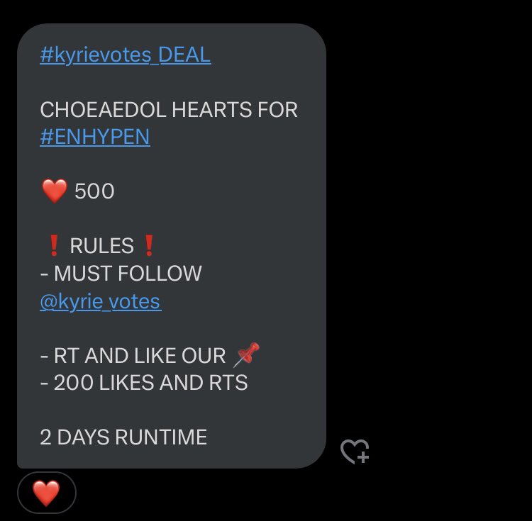 rissehnhoonz's tweet photo. #kyrievotes_DEAL 

CHOEAEDOL HEARTS FOR #ENHYPEN 

❤ 500

❗RULES❗
- MUST FOLLOW 
@kyrie_votes
 
- RT AND LIKE OUR 📌
- 200 LIKES AND RTS

2 DAYS RUNTIME https://t.co/tkNcYh7cgE