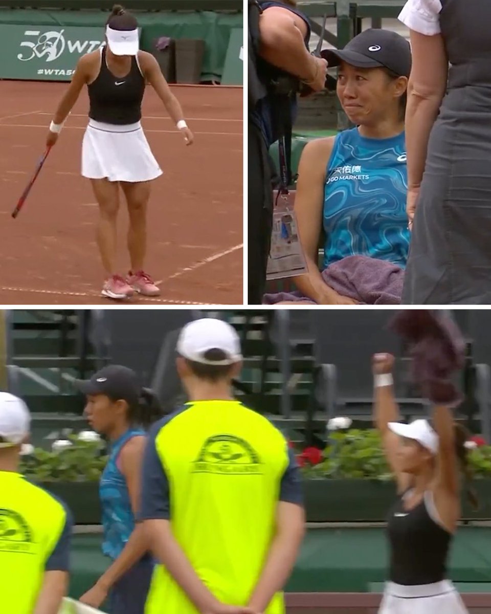 sportbible's tweet photo. Amarissa Toth has been accused of bad sportsmanship in her Hungarian Open match with Zhang Shuai 🎾

Toth removed a ball mark which Shuai was going to contest 😳

After debating  the issue with the umpire, Shuai was left in tears and went on to retire from the match 🥺

After the retirement, Toth immediately celebrated the victory 🤯