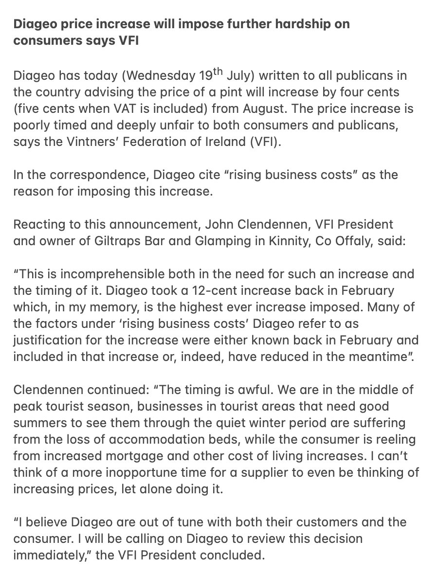 .<a href="/VFIpubs/">VFI</a> statement following price increase from <a href="/DiageoIreland/">Diageo Ireland</a> which is deeply unfair to customers and publicans....