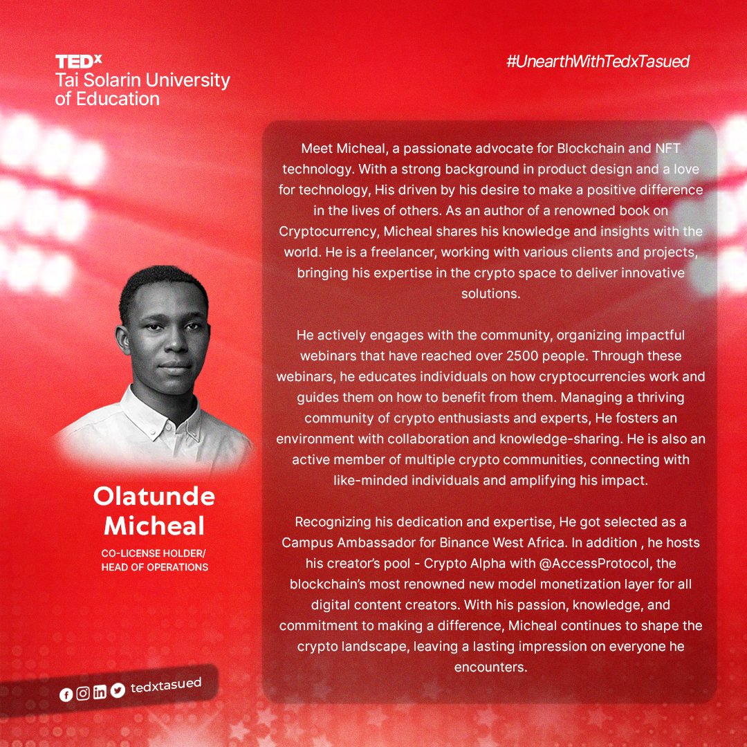 TEDxTasued's tweet photo. Meet the incredible team behind TEDx Tasued, the biggest international Event happening in Tai Solarin University of Education, Nigeria ! 

 This Organising team includes  dedicated group of visionaries, passionate about spreading ideas that ignite change💥🎉.  #TedxTasued23 https://t.co/fOSBWzZeCC