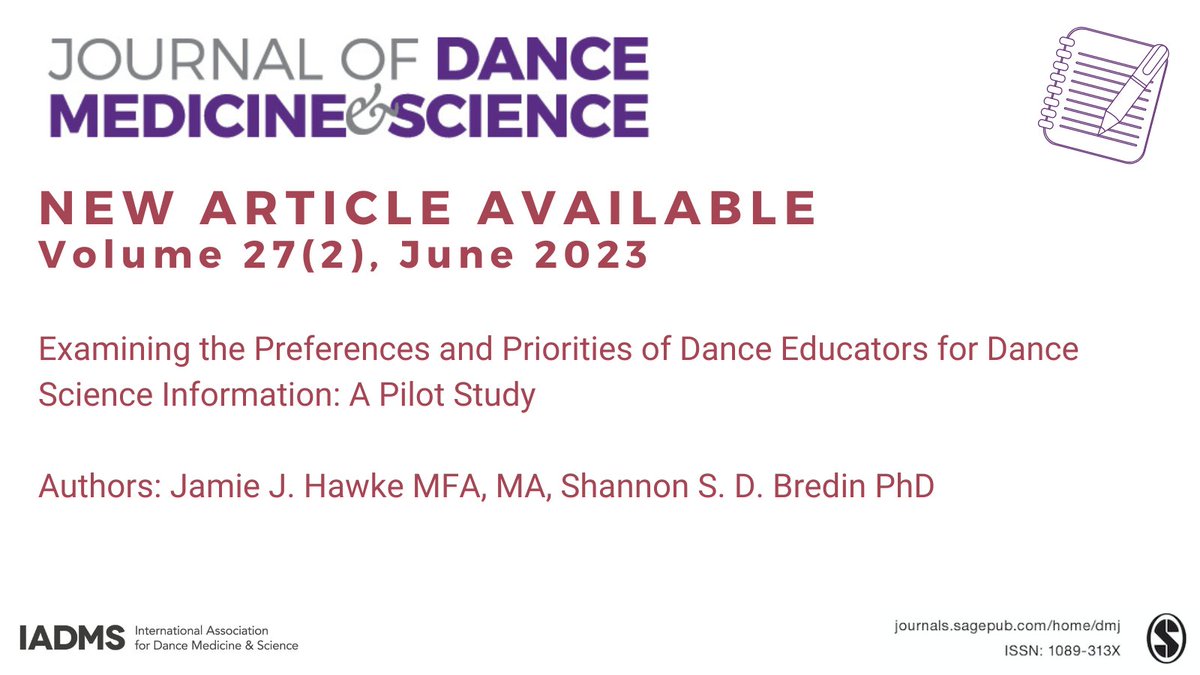 This study found that dance educators perceived dance science information as useful to teaching practice and that the delivery and accessibility of dance science information are important knowledge translation considerations. journals.sagepub.com/doi/full/10.11…

#dancescience