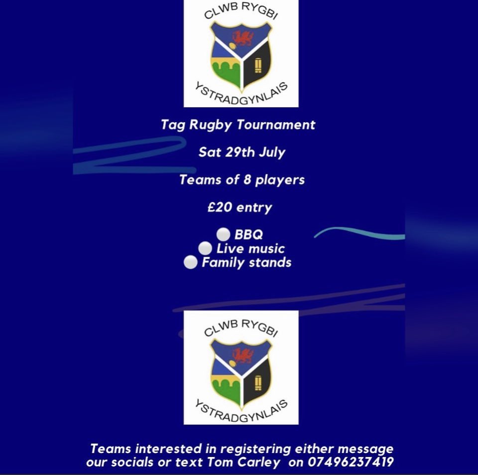 ystradbluesrfc's tweet image. 🔵⚪️Teams need to be registered by Friday 🔵⚪️

The Ystradgynlais RFC tag rugby tournament, open to all. 

⚪️ Tag rugby
🔵  BBQ
⚪️ Family stands
🔵 Live music 

All welcome, to register your team message our socials or message Tom Carley on 07496237419