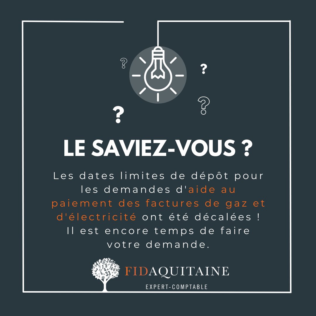 📅📷 Bonne nouvelle pour les chefs d'entreprise ! Les dates limites de dépôt pour les demandes d'aide au paiement des factures de gaz et d'électricité ont été décalées !    
30 juin 2023 > 31 août 2023 
31 août 2023 > 30 septembre 2023
