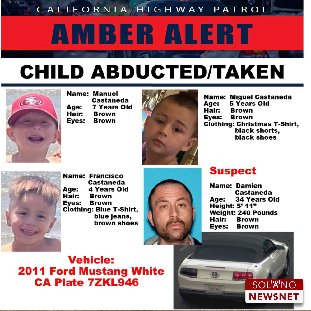 SolanoNewsNet's tweet image. AMBER ALERT

3 CHILDREN KIDNAPPED FROM VALLEJO

SUSPECT 34-YEAR-OLD DAMIEN CASTANEDA, LAST SEEN DRIVING FORD MUSTANG, CA PLATE 7ZKL946

CALL 9-1-1 IF SEEN