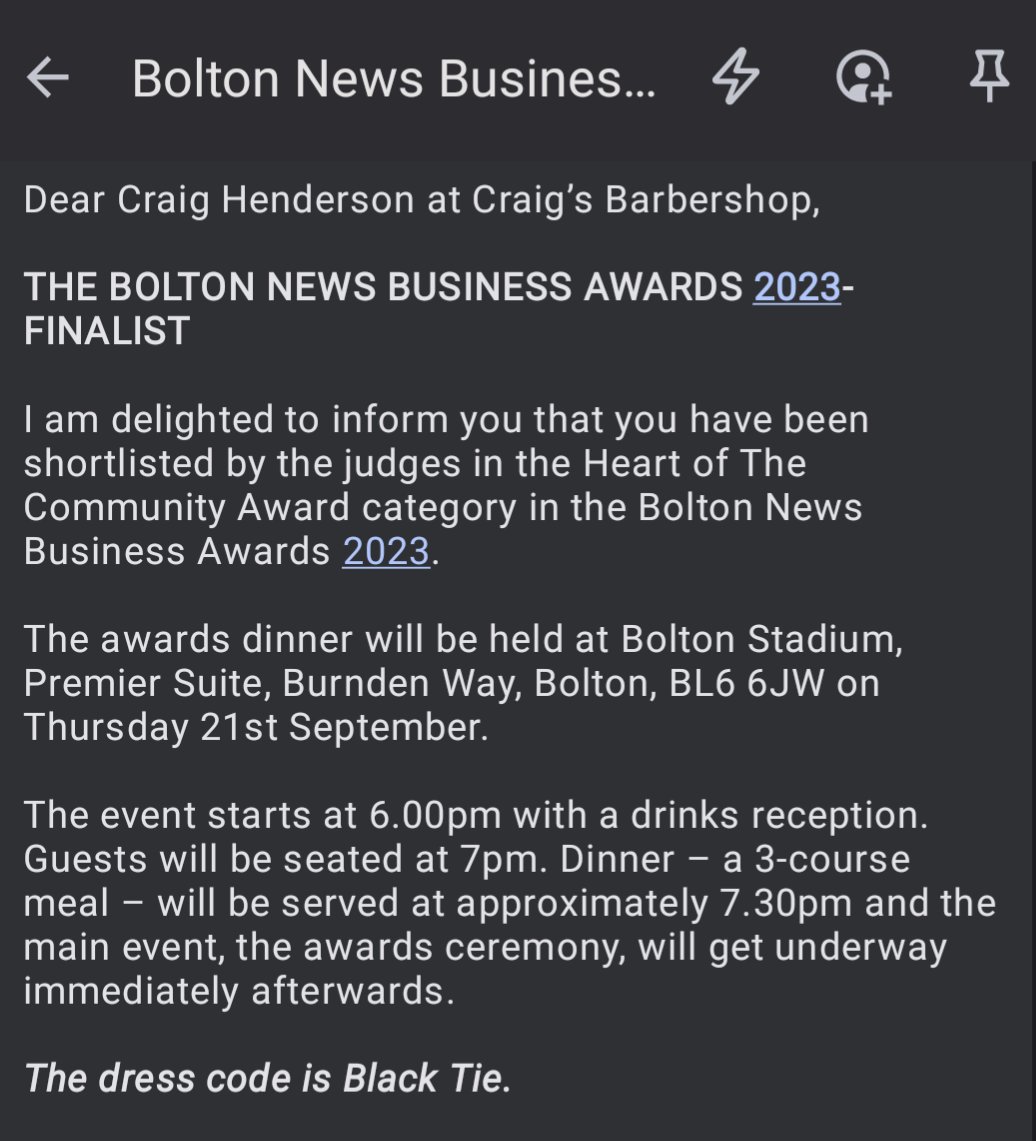 Yet another awards dinner to attend 🤯

Let's see if I can bring home another trophy

Thank you to whoever nominated me for this award, it means so much that my work isn't going unnoticed 

Thank You 😊

#boltonnewsbusinessawards #barber #barbershop #awards #thankyou #community
