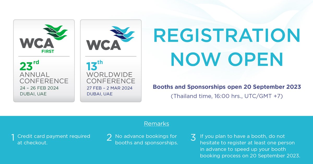wca_world's tweet photo. Unlock the next level of global networking event - Join over 4,500 delegates from 110+ countries as we gather in Dubai, United Arab Emirates. Registration is now open 📣

📍WCA First Annual Conference: https://t.co/9zOeLlSEMo
📍WCA Worldwide Conference: https://t.co/AUIKJTNnhk https://t.co/pm5q0yqavv