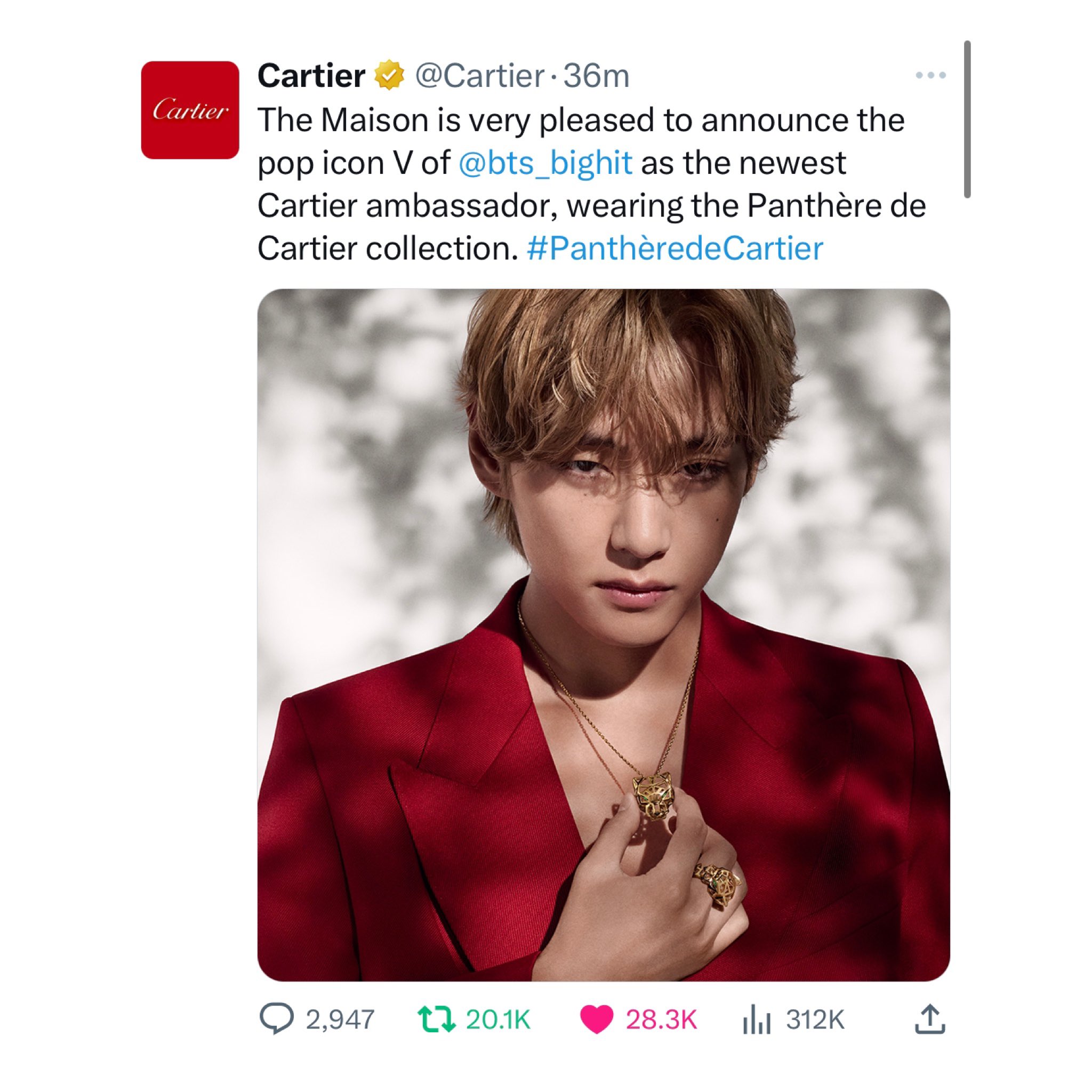 BTS' V @bts.bighotofficial is officially the new brand ambassador of  Cartier! On July 19, Cartier announced that BTS' V aka Kim Taehyung…