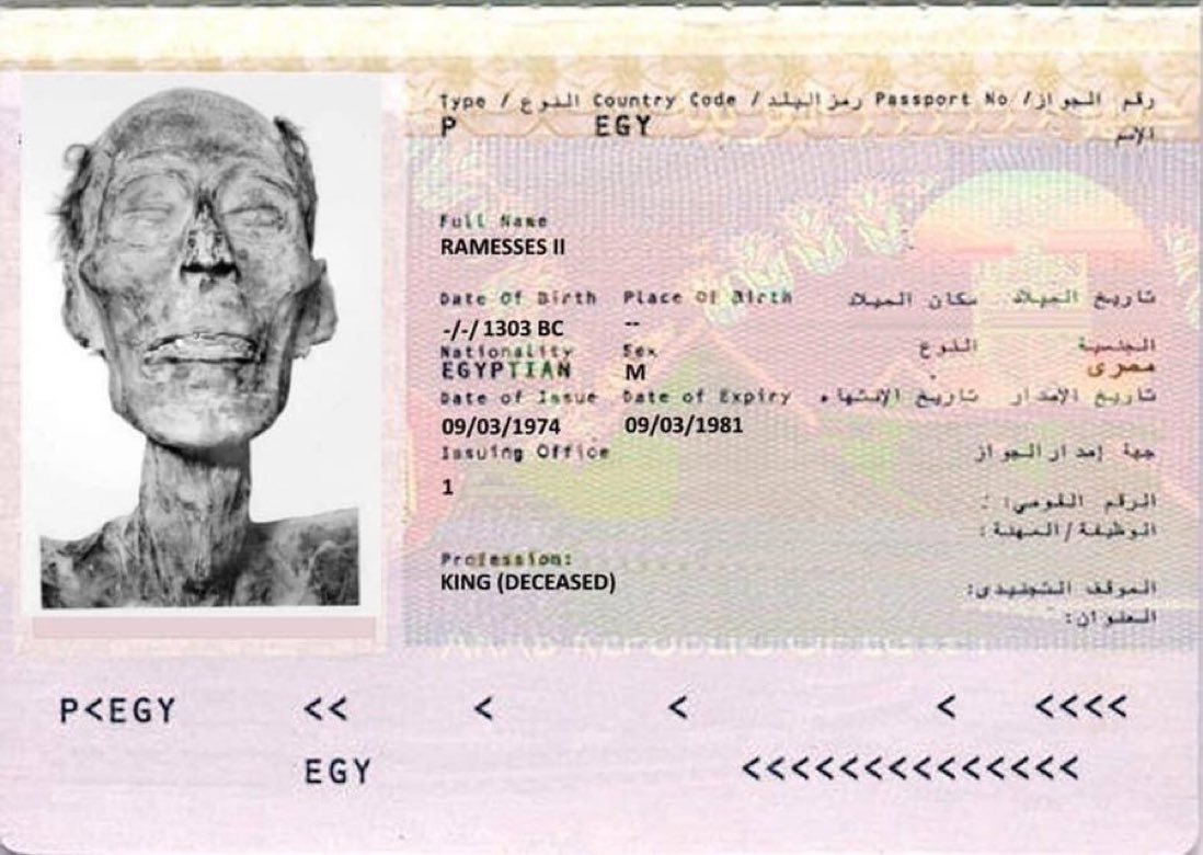 Firavun 2. Ramses'in çürümesini önlemek için Fransa'ya nakli gerekiyor ama Fransa yasalarına göre herkesin pasaporta sahip olması gerektiğinden ötürü 3000 yıl sonra mumyaya pasaport çıkartılıyor, 1974.