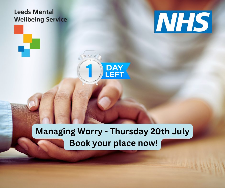 1 more day to go to sign up to the Managing Worry Workshop. ⏲️ 1pm – 2pm Admission is free. This class is open to anyone age 17+ who is registered with a Leeds GP. Click 👇to book a place. leedscommunityhealthcare.nhs.uk/our-services-a… #wellbeing #workshops #support #connect #events