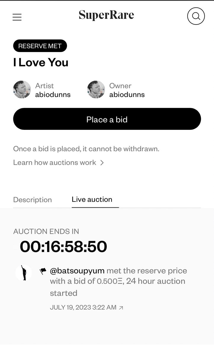 AbiodunnS's tweet photo. RESERVE MET, by the amazing @batsoupyum 
Super humbled that you’re interested in my piece, thank you!🫶🏻🤍

Currently bid: 0.5. https://t.co/oWjWG32tCM