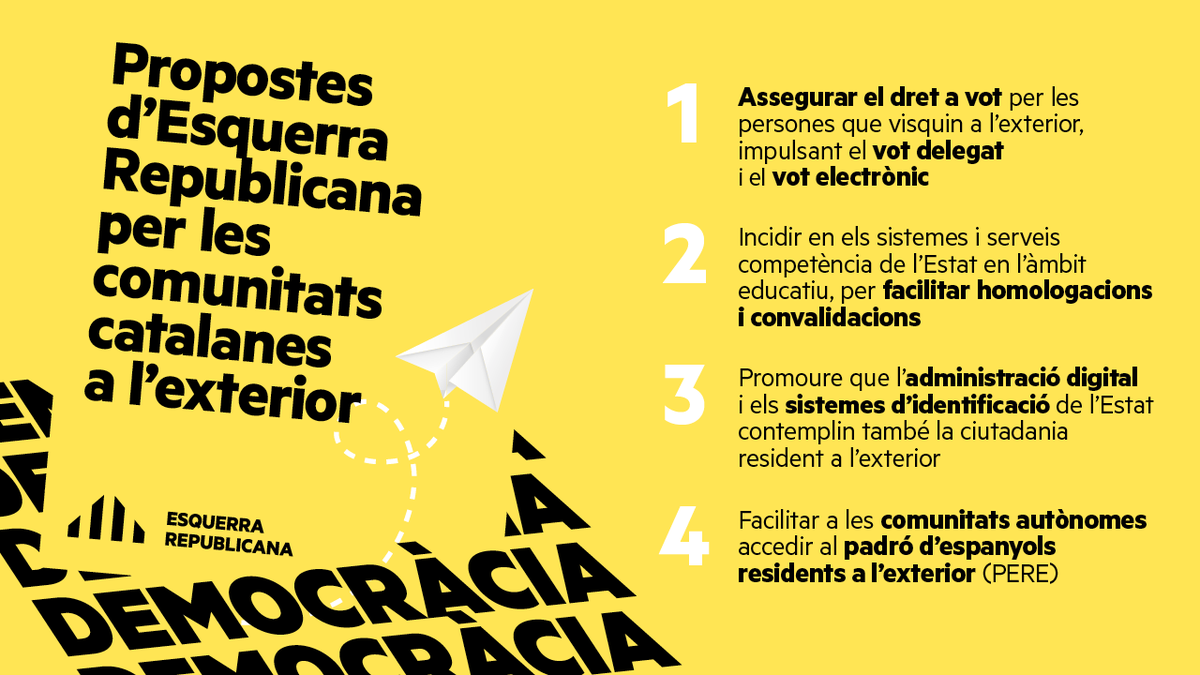 Esquerra_INT's tweet photo. ✊🏻👨‍👨‍👧‍👧 El vot dels catalans i catalanes a l’exterior també és fonamental per defensar Catalunya, el #23J fem-lo sentir amb força!

✍🏻 Algunes de les propostes d'Esquerra Republicana per les comunitats catalanes a l'exterior... https://t.co/POrZSjb0gD
