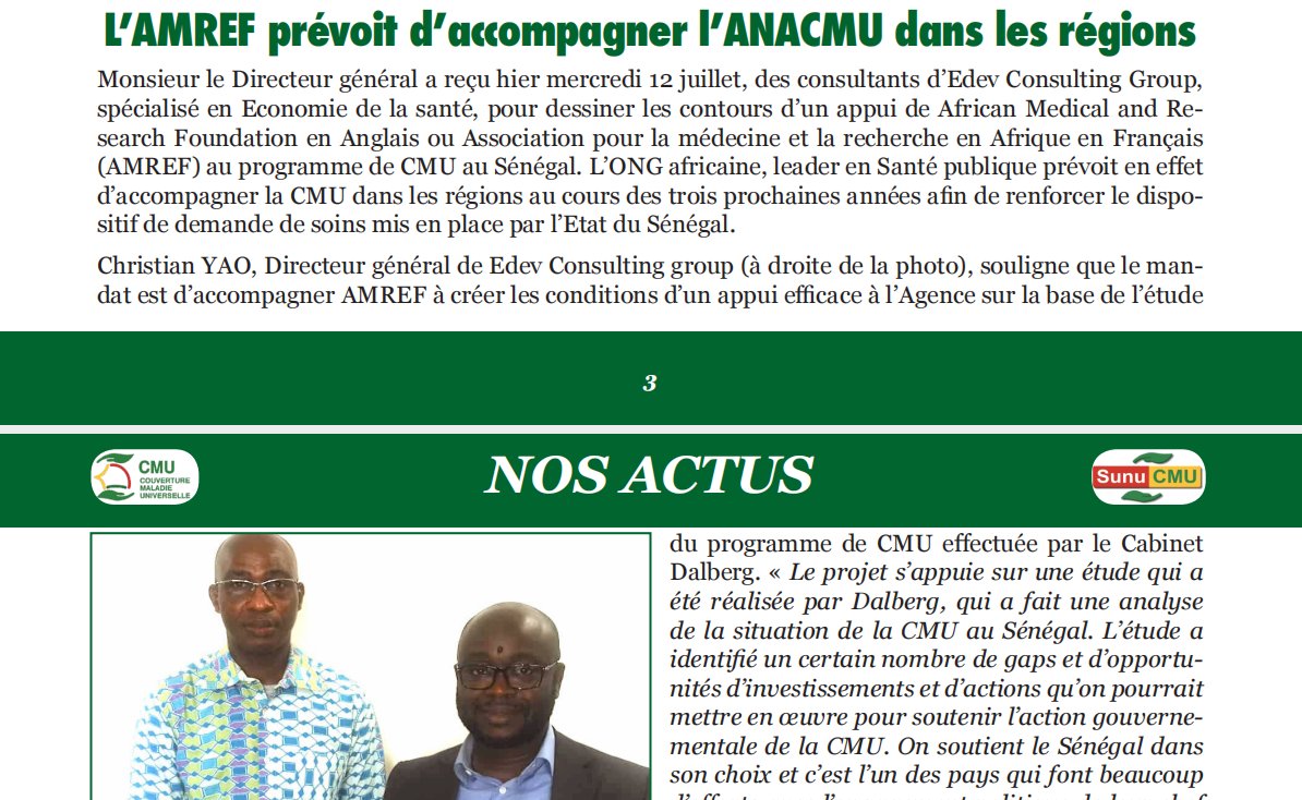 Ravis d'apparaître dans l'édition n°48 de la newsletter de la Couverte Maladie Universelle, <a href="/acmu_senegal/">cmu_senegal</a>, qui met en avant notre accompagnement auprès d'eux dans la mise en oeuvre du renforcement du dispositif de soins mis en place par l'État du Sénégal.